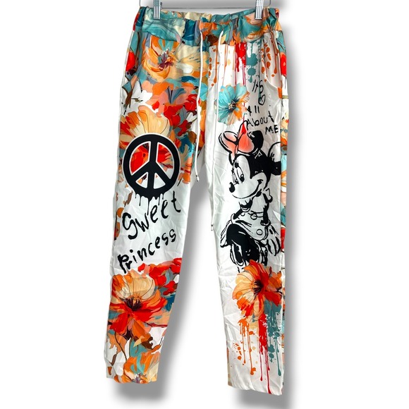 Brand Bazar Pants - Brand Bazar Italy Floral Graffiti Minnie Mouse Joggers White CS20002 Size M